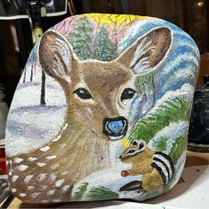 My Art: “Deer and Squirrel” on big rock. Acrylic. Glitter sealed. Not for sale